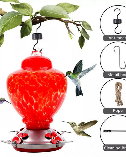 Hand Blown Glass Hummingbird Feeder  - 38 Ounces - Libiyi