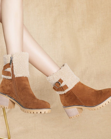 Women's thick heel leather buckle warm boots - Libiyi