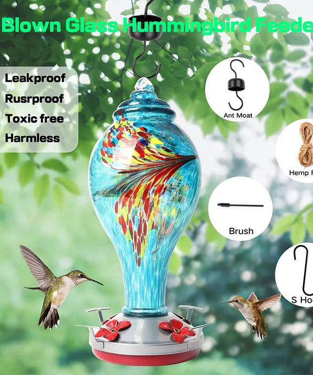 Hand Blown Glass Hummingbird Feeder - 25 Ounces - Libiyi