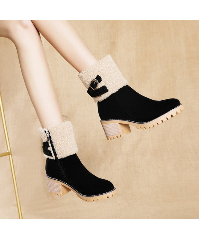 Women's thick heel leather buckle warm boots - Libiyi