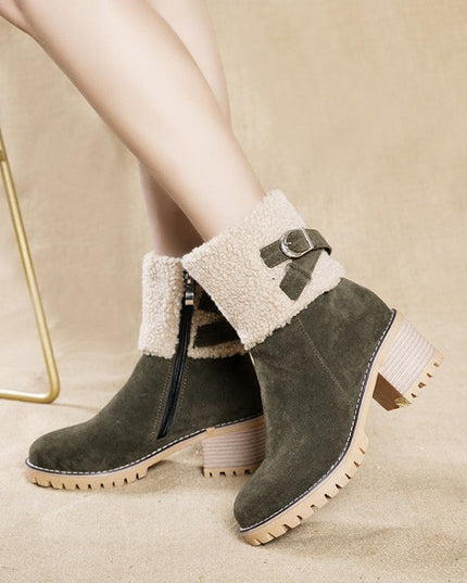 Women's thick heel leather buckle warm boots - Libiyi