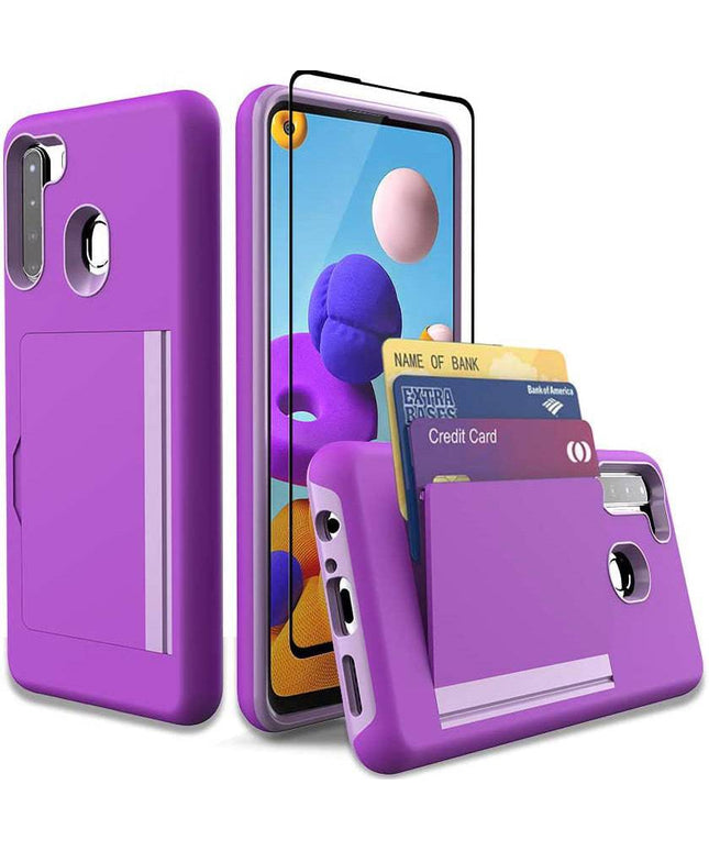 Armor Protective Card Holder Case for Samsung A21(US) With 1 PACK Screen Protector - Libiyi