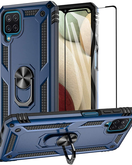 Samsung A12 Luxury Armor Ring Bracket Phone Case With 1-Pack Tempered Glass Screen Protector - Libiyi