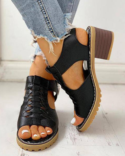 Libiyi Peep Toe Cutout Zipper Chunky Heeled Sandals - Libiyi