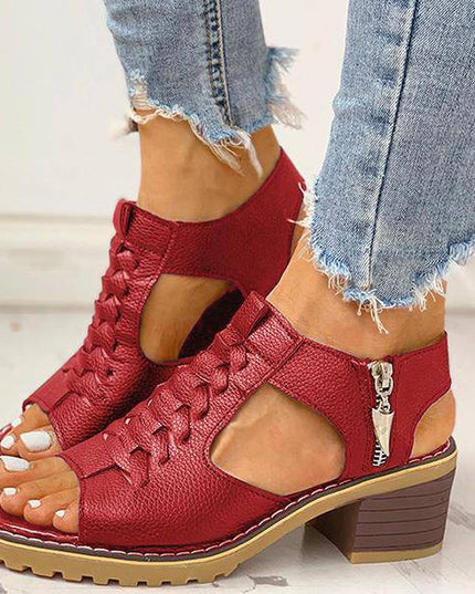 Libiyi Peep Toe Cutout Zipper Chunky Heeled Sandals - Libiyi