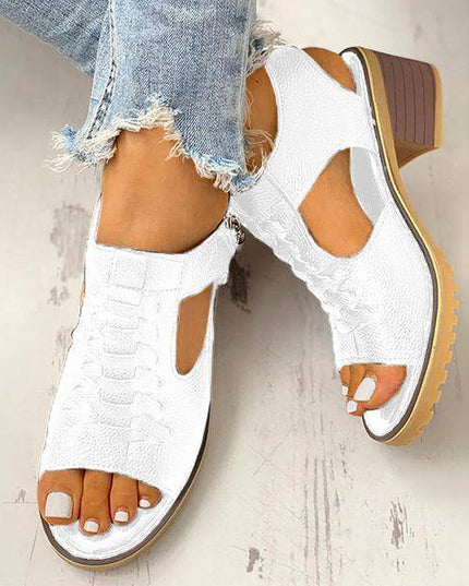 Libiyi Peep Toe Cutout Zipper Chunky Heeled Sandals - Libiyi