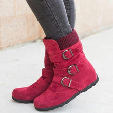 Carregar imagem no visualizador da galeria, Cushioned Low-Calf Buckled Boots Low Heel Knitted Fabric Zipper Slip On Boots - MagCloset