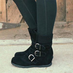 Cushioned Low-Calf Buckled Boots Low Heel Knitted Fabric Zipper Slip On Boots - MagCloset