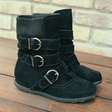 Cargar imagen en el visor de la galería, Cushioned Low-Calf Buckled Boots Low Heel Knitted Fabric Zipper Slip On Boots - MagCloset