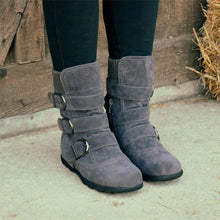 Carregar imagem no visualizador da galeria, Cushioned Low-Calf Buckled Boots Low Heel Knitted Fabric Zipper Slip On Boots - MagCloset
